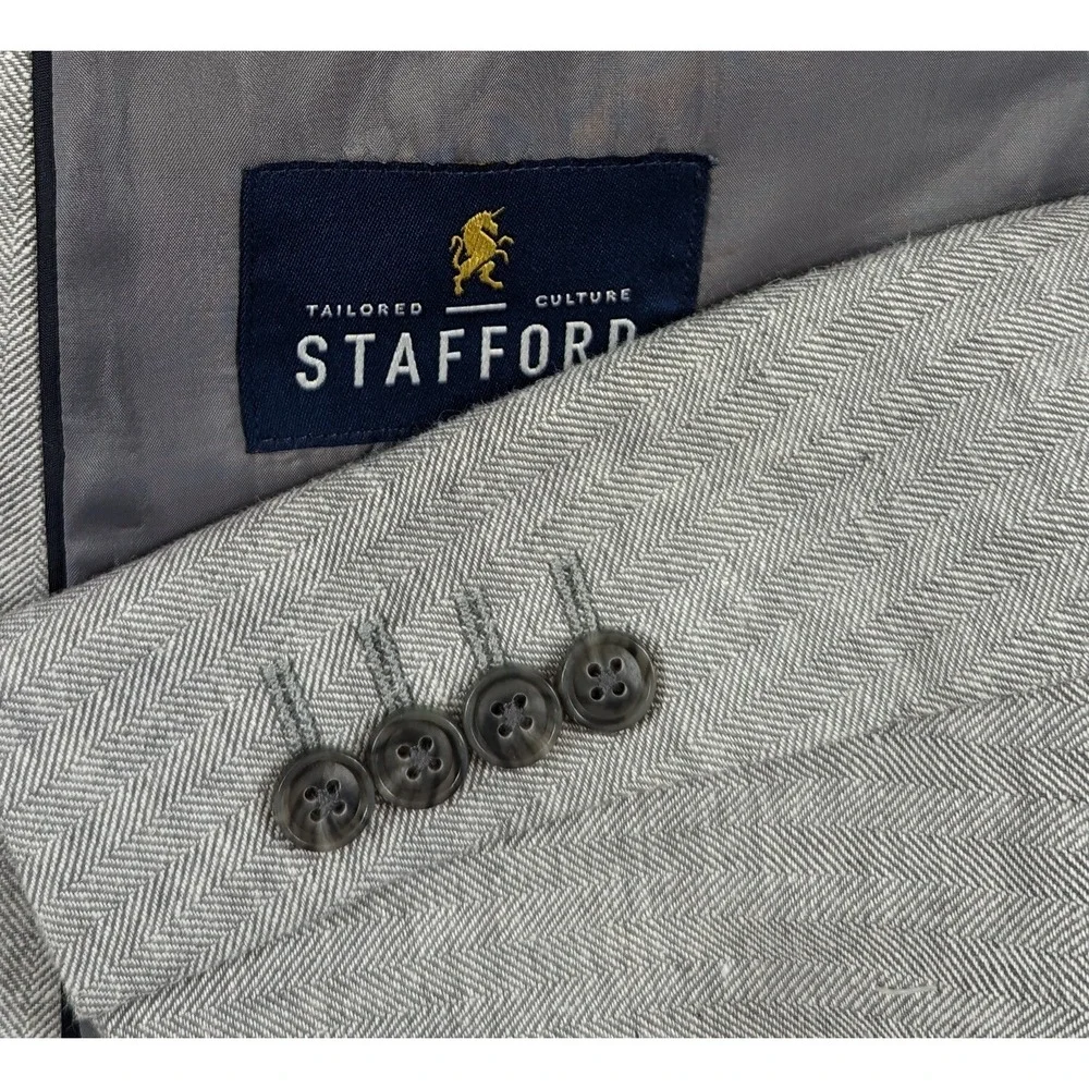 Stafford‎ Mens Gray HERRINGBONE Cotton Linen Sport Coat Blazer Jacket SIZE 46R